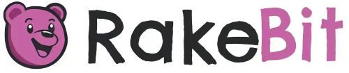 RakeBit-Logo mit lila Bär und Text